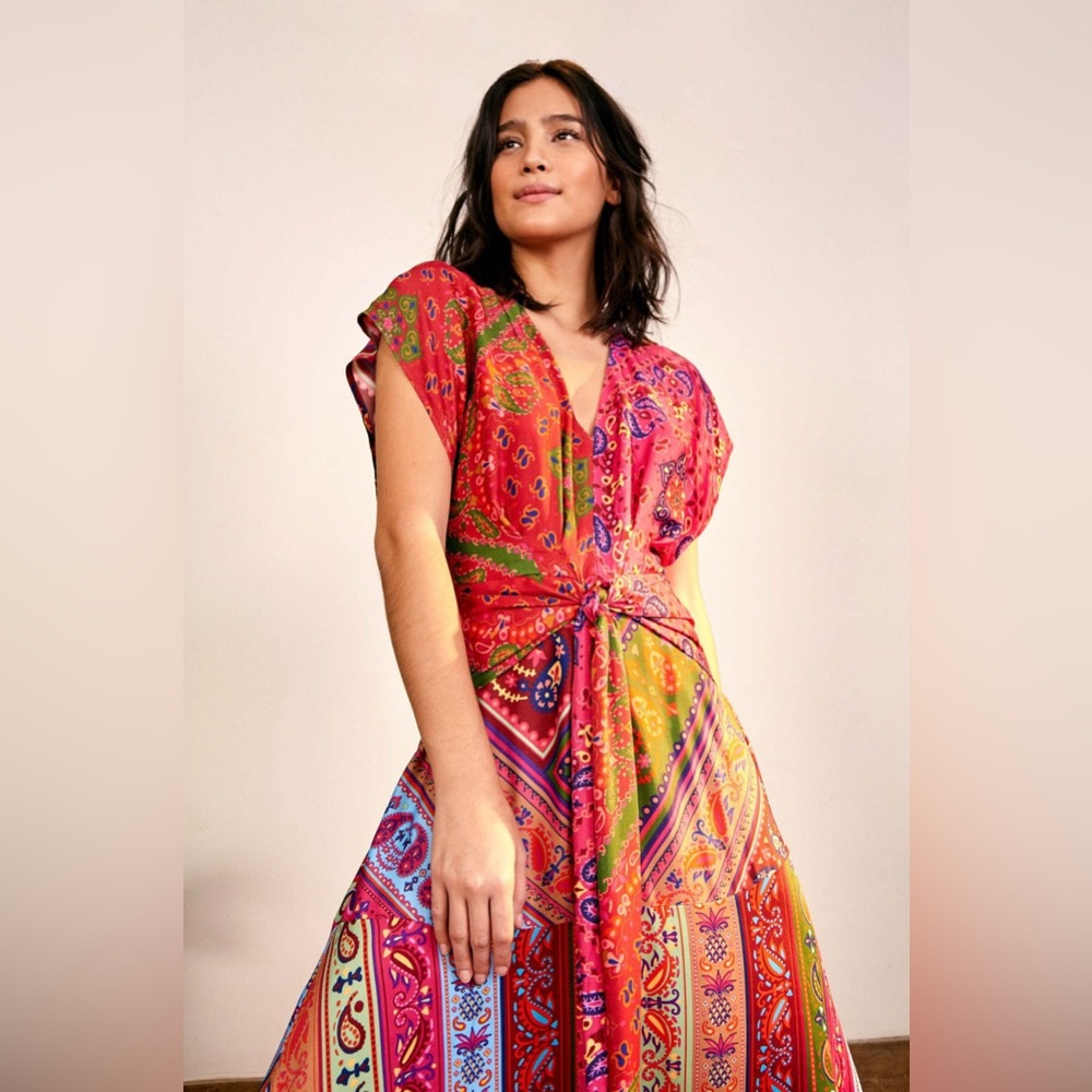 Farm Rio Colorful Bandana Waist Binding Midi Dress